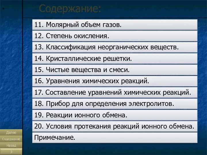 * Содержание: 12. Степень окисления. 13. Классификация неорганических веществ. 14. Кристаллические