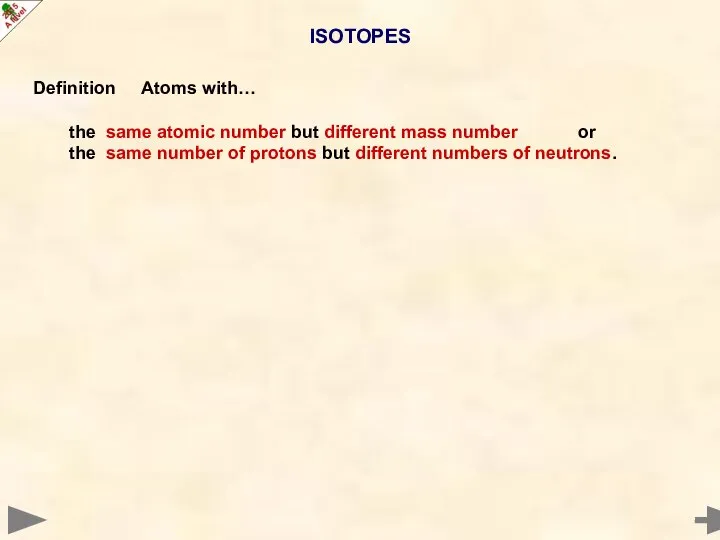 ISOTOPES Definition Atoms with… the same atomic number but different mass