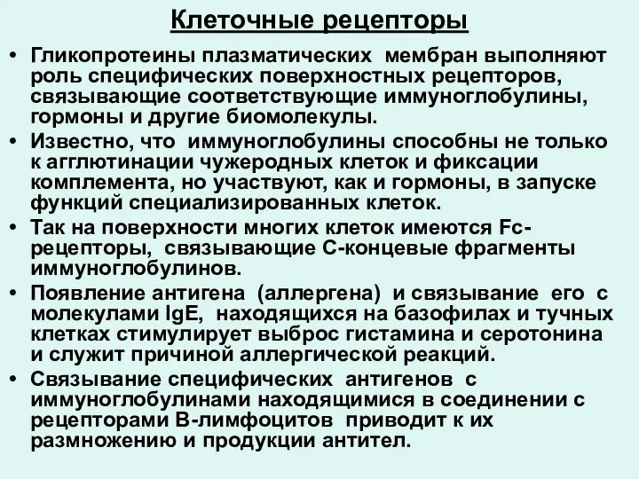 Клеточные рецепторы Гликопротеины плазматических мембран выполняют роль специфических поверхностных рецепторов, связывающие