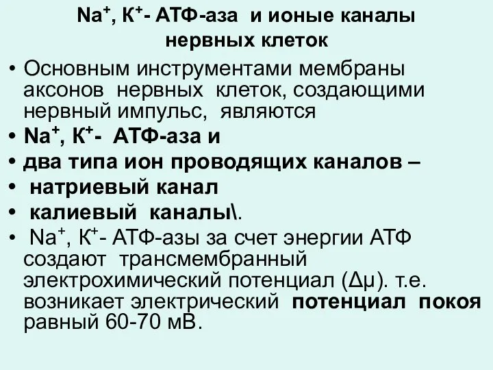 Nа+, К+- АТФ-аза и ионые каналы нервных клеток Основным инструментами мембраны