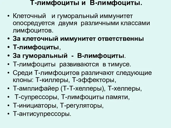 Т-лимфоциты и В-лимфоциты. Клеточный и гуморальный иммунитет опосредуется двумя различными классами