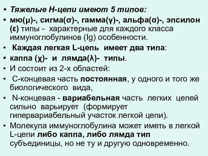 Тяжелые Н-цепи имеют 5 типов: мю(μ)-, сигма(σ)-, гамма(γ)-, альфа(α)-, эпсилон (ε)