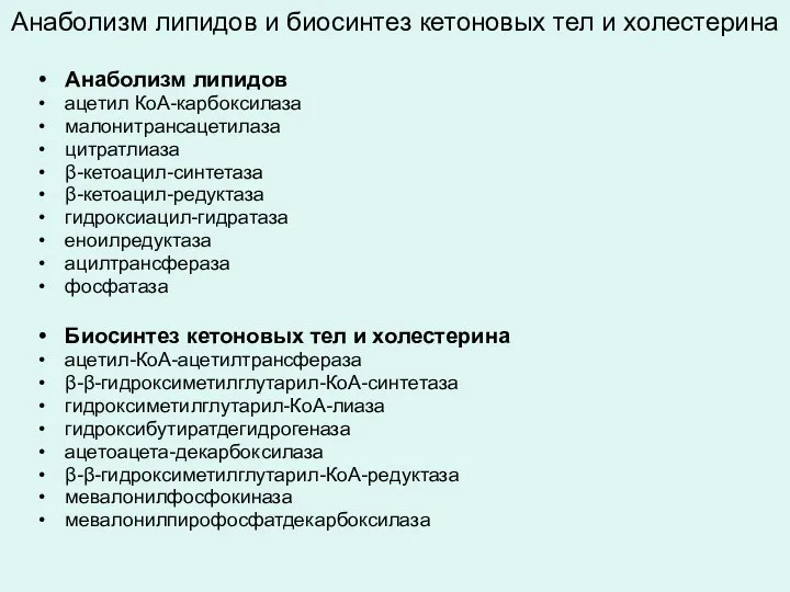 Анаболизм липидов и биосинтез кетоновых тел и холестерина Анаболизм липидов ацетил