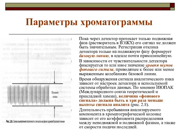 Параметры хроматограммы Пока через детектор протекает только подвижная фаза (растворитель в