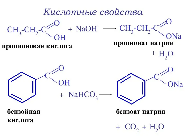 Кислотные свойства + NaOH + H2O пропионовая кислота пропионат натрия бензойная