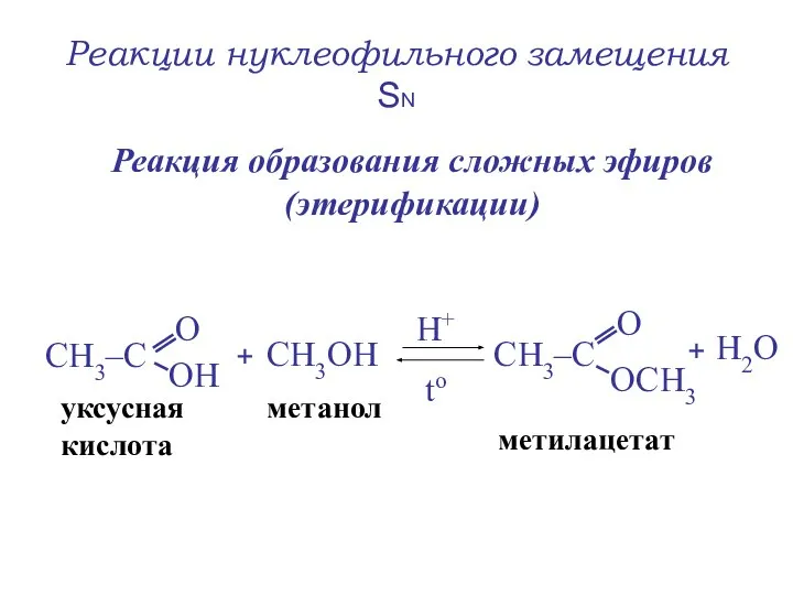 Реакции нуклеофильного замещения SN Реакция образования сложных эфиров (этерификации) + СН3ОН