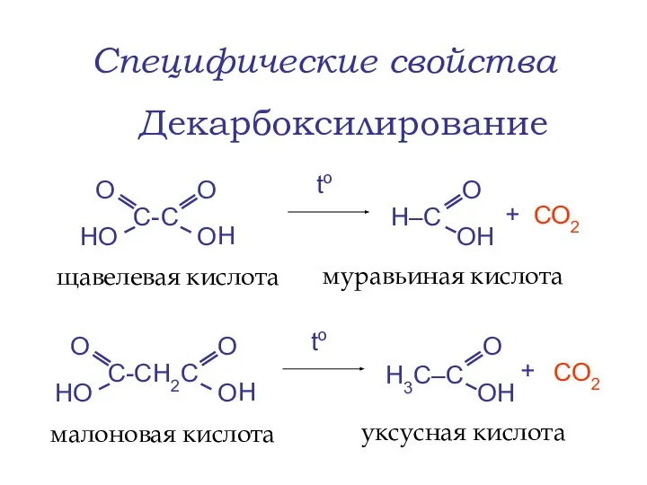 Специфические свойства щавелевая кислота Декарбоксилирование С О О to + СО2