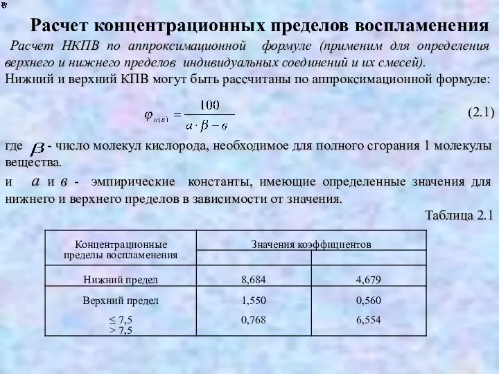 Расчет НКПВ по аппроксимационной формуле (применим для определения верхнего и нижнего