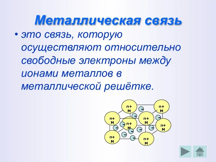 Металлическая связь это связь, которую осуществляют относительно свободные электроны между ионами