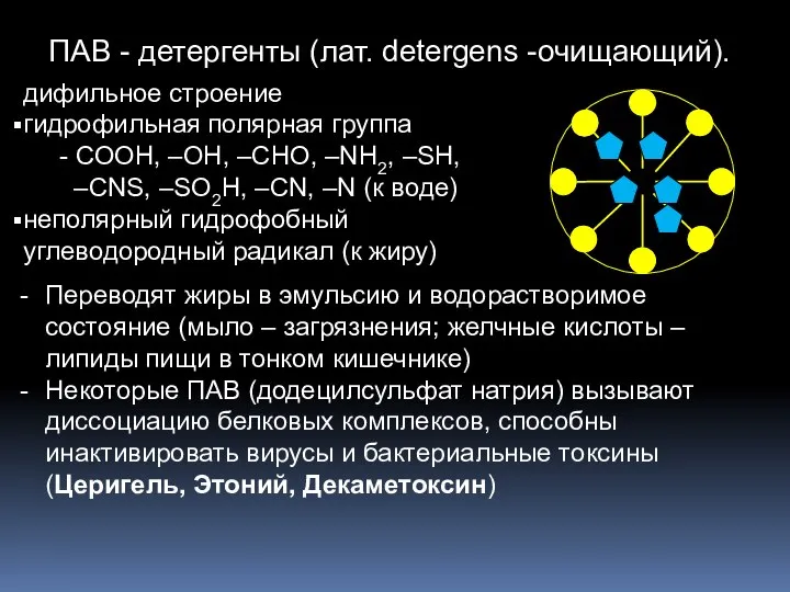 ПАВ - детергенты (лат. detergens -очищающий). дифильное строение гидрофильная полярная группа