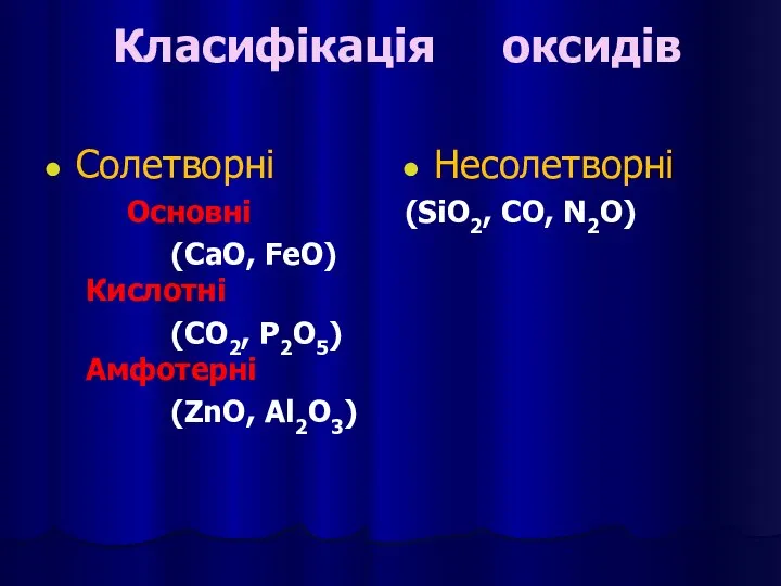 Солетворні Основні (CaO, FeO) Кислотні (CO2, P2O5) Амфотерні (ZnO, Al2O3) Несолетворні (SiO2, CO, N2O) Класифікація оксидів