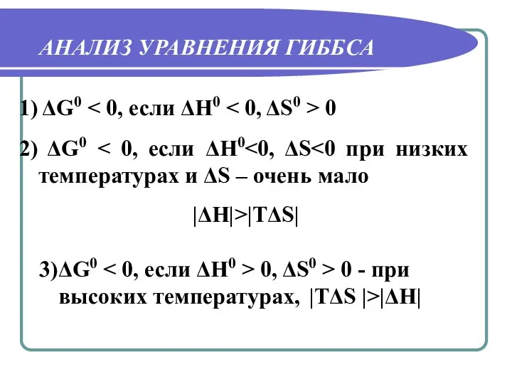 АНАЛИЗ УРАВНЕНИЯ ГИББСА 1) ΔG0 0 3)ΔG0 0, ΔS0 > 0