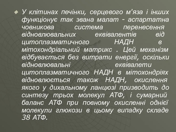 У клітинах печінки, серцевого м'яза і інших функціонує так звана малат