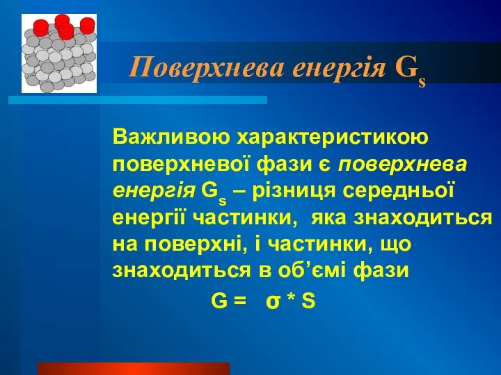 Поверхнева енергія Gs Важливою характеристикою поверхневої фази є поверхнева енергія Gs