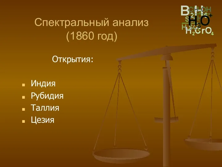 Спектральный анализ (1860 год) Открытия: Индия Рубидия Таллия Цезия