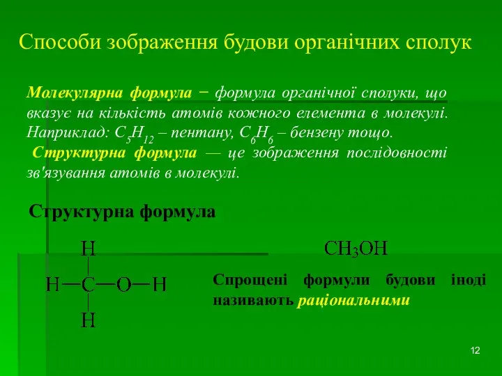 Способи зображення будови органічних сполук Молекулярна формула − формула органічної сполуки,