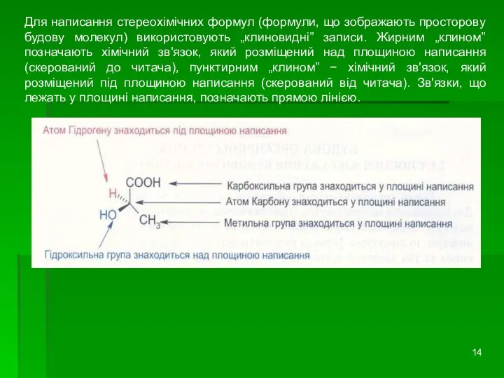 Для написання стереохімічних формул (формули, що зображають просторову будову молекул) використовують