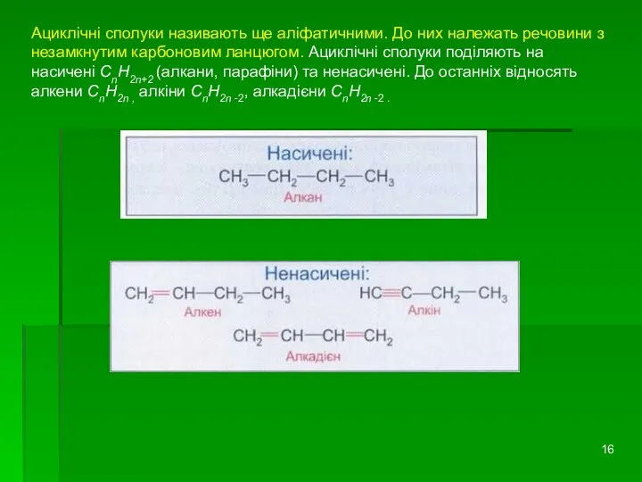 Ациклічні сполуки називають ще аліфатичними. До них належать речовини з незамкнутим