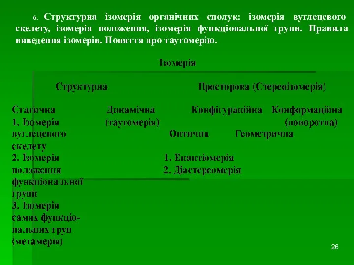 6. Структурна ізомерія органічних сполук: ізомерія вуглецевого скелету, ізомерія положення, ізомерія