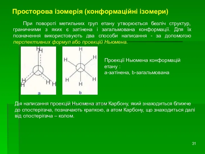 Просторова ізомерія (конформаційні ізомери) При повороті метильних груп етану утворюється безліч