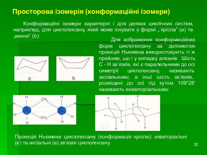 Просторова ізомерія (конформаційні ізомери) Конформаційні ізомери характерні і для деяких циклічних