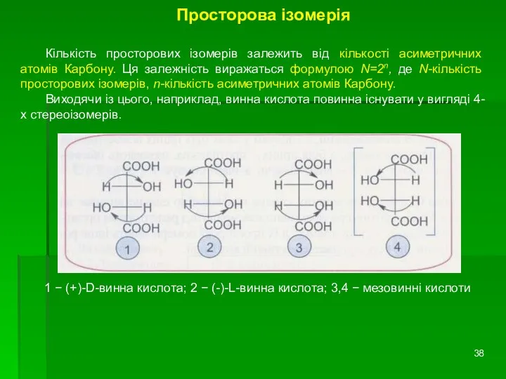 Просторова ізомерія Кількість просторових ізомерів залежить від кількості асиметричних атомів Карбону.