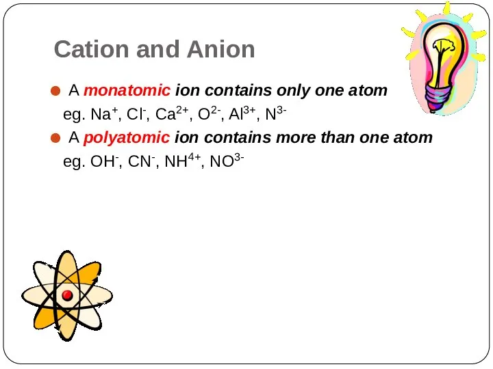 Cation and Anion A monatomic ion contains only one atom eg.