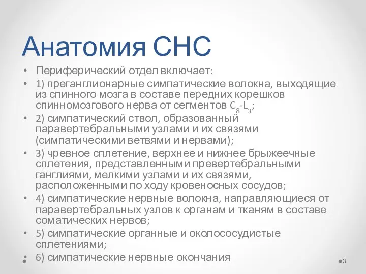 Анатомия СНС Периферический отдел включает: 1) преганглионарные симпатические волокна, выходящие из