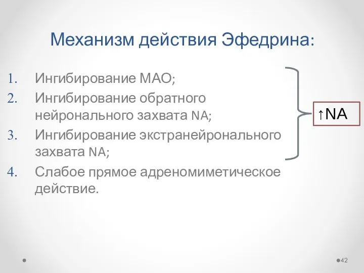 Механизм действия Эфедрина: Ингибирование МАО; Ингибирование обратного нейронального захвата NA; Ингибирование