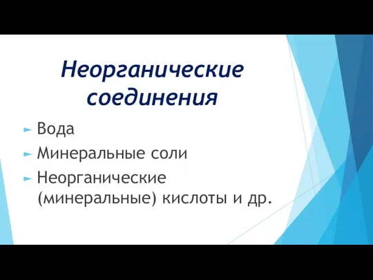 Неорганические соединения Вода Минеральные соли Неорганические (минеральные) кислоты и др.