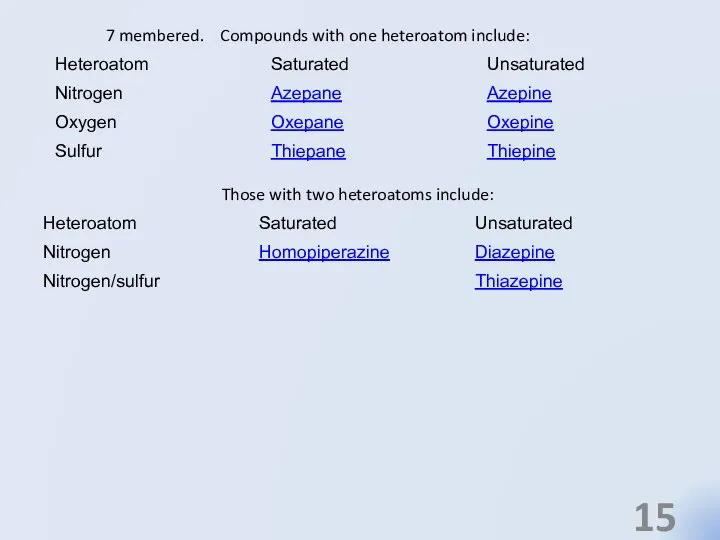 7 membered. Compounds with one heteroatom include: Those with two heteroatoms include: