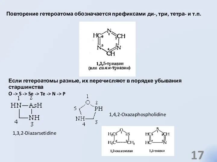 Повторение гетероатома обозначается префиксами ди-, три, тетра- и т.п. Если гетероатомы