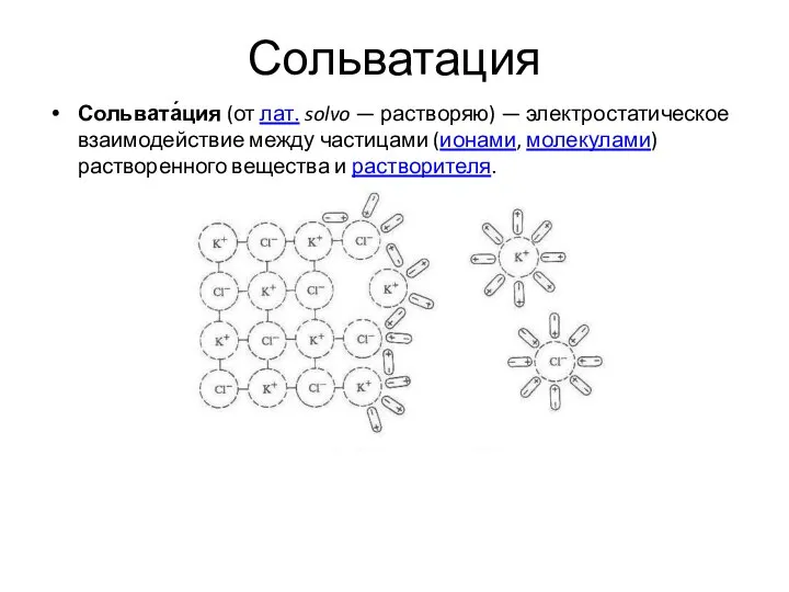 Сольватация Сольвата́ция (от лат. solvo — растворяю) — электростатическое взаимодействие между