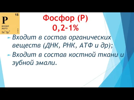 Фосфор (Р) 0,2-1% Входит в состав органических веществ (ДНК, РНК, АТФ