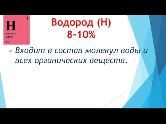 Водород (Н) 8-10% Входит в состав молекул воды и всех органических веществ.