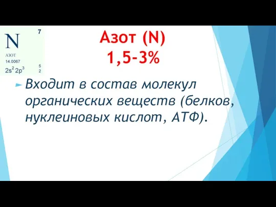 Азот (N) 1,5-3% Входит в состав молекул органических веществ (белков, нуклеиновых кислот, АТФ).