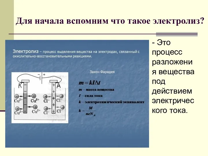 Для начала вспомним что такое электролиз? - Это процесс разложения вещества под действием электрического тока.