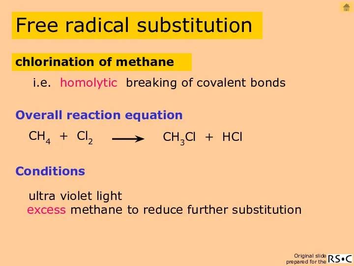 CH4 + Cl2 CH3Cl + HCl Overall reaction equation Conditions ultra