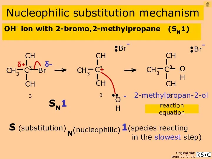 OH- ion with 2-bromo,2-methylpropane (SN1) Nucleophilic substitution mechanism 2-methylpropan-2-ol reaction equation