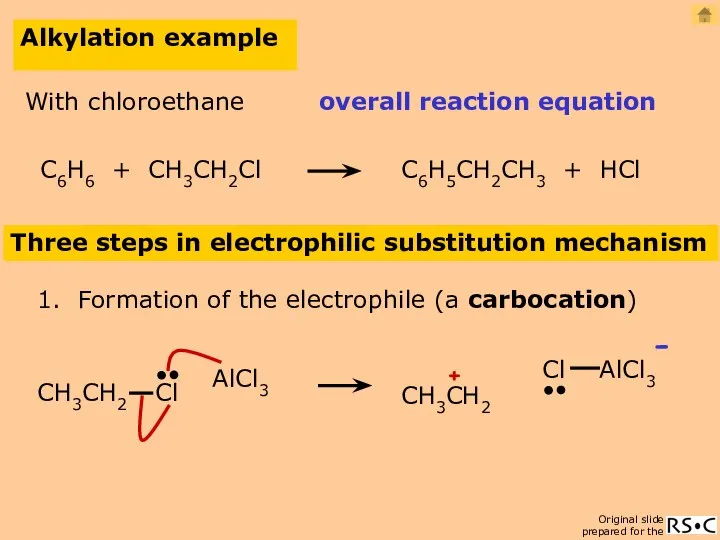 Alkylation example Three steps in electrophilic substitution mechanism 1. Formation of