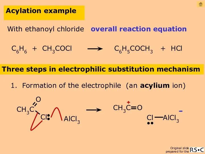 Acylation example Three steps in electrophilic substitution mechanism 1. Formation of