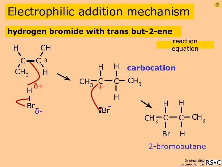 Electrophilic addition mechanism carbocation 2-bromobutane hydrogen bromide with trans but-2-ene reaction equation