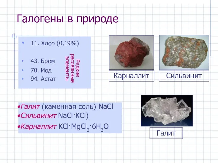 Галогены в природе 11. Хлор (0,19%) 43. Бром 70. Иод 94.