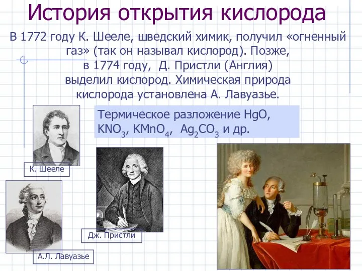 История открытия кислорода В 1772 году К. Шееле, шведский химик, получил