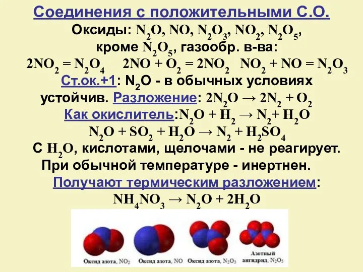 Оксиды: N2O, NO, N2O3, NO2, N2O5, кроме N2O5, газообр. в-ва: 2NO2