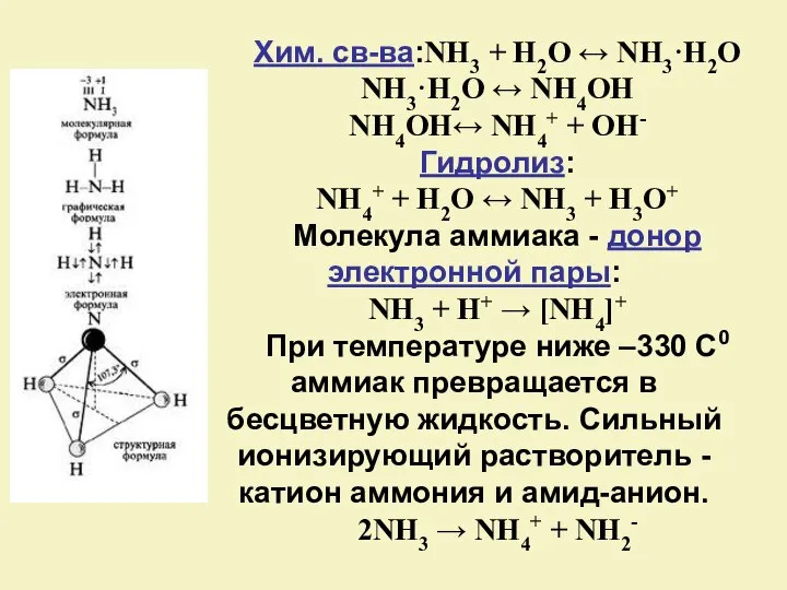 Хим. св-ва:NH3 + H2O ↔ NH3·H2O NH3·H2O ↔ NH4OH NH4OH↔ NH4+