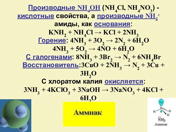 Производные NH4OH (NH4Cl, NH4NO3) - кислотные свойства, а производные NH2- амиды,