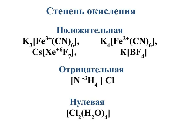 Степень окисления Положительная K3[Fe3+(CN)6], K4[Fe2+(CN)6], Cs[Xe+6F7], К[BF4] Отрицательная [N -3H4 ] Cl Нулевая [Cl2(H2O)4]
