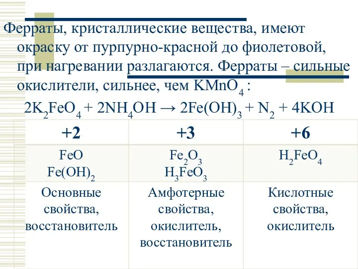 Ферраты, кристаллические вещества, имеют окраску от пурпурно-красной до фиолетовой, при нагревании