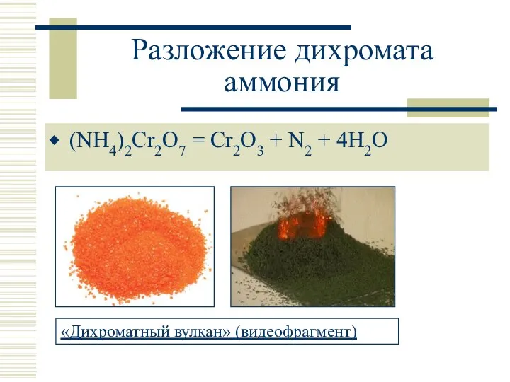 Разложение дихромата аммония (NH4)2Cr2O7 = Cr2O3 + N2 + 4H2O «Дихроматный вулкан» (видеофрагмент)